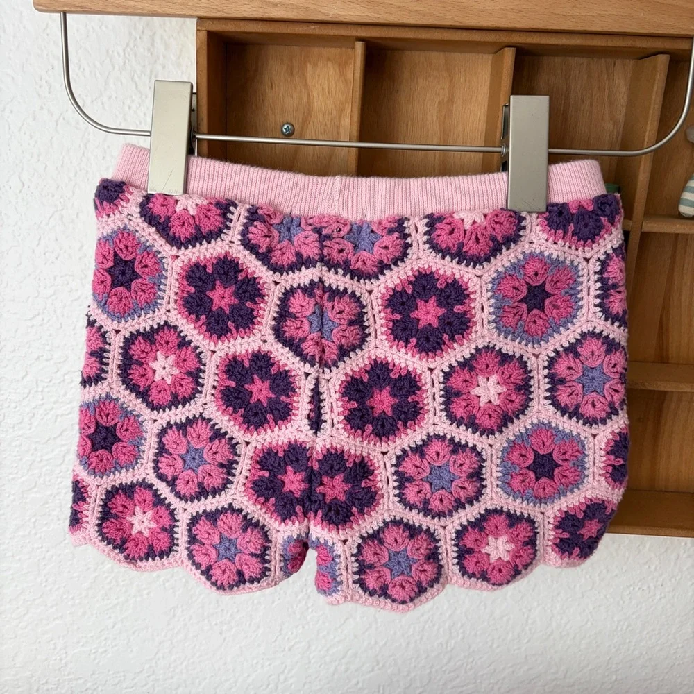 Andy & Evan Floral Crocheted Hexagon Floral Shorts - Pink & Purple